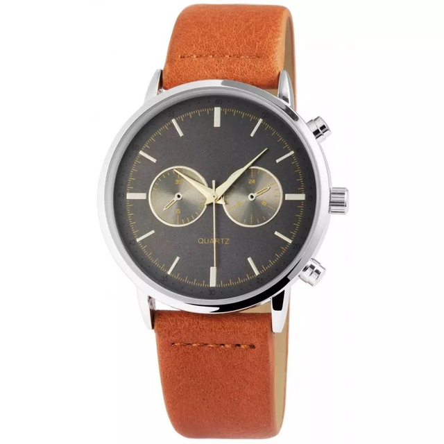 Montre marque Excellanc homme fond noir chiffres bâtons, deux petit cadran factice avec bracelet en cuir marron