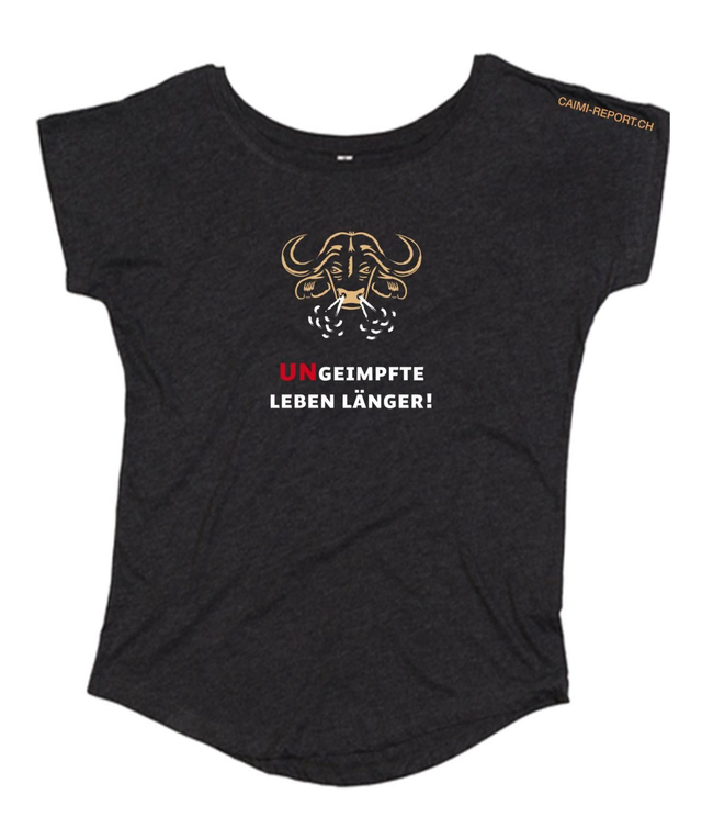 Ladies' Shirt, schwarz, mit Büffel und Aufdruck «UNgeimpfte leben länger»
