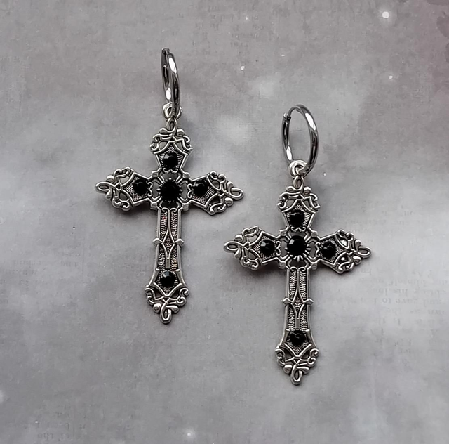 Black Stone Set Filigree Cross Hoop Earrings 