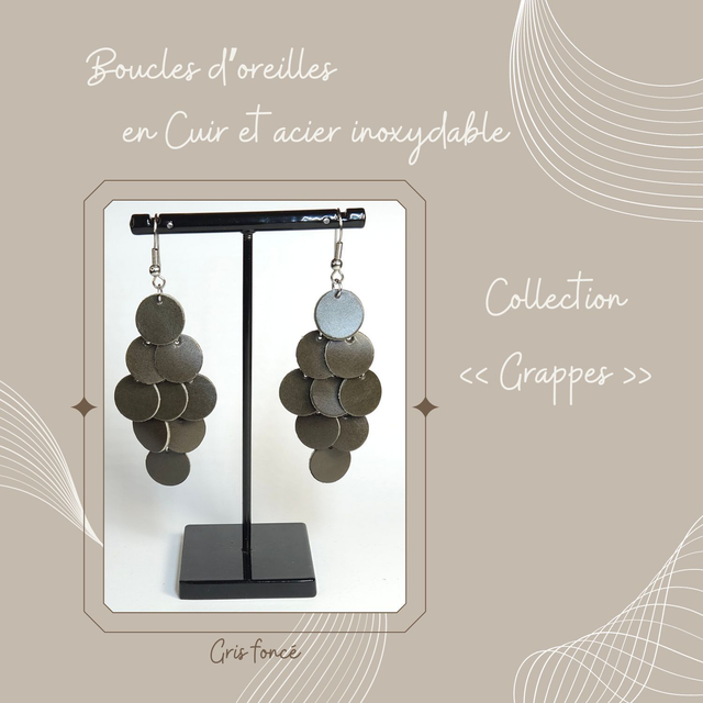 Boucles d&#039;oreilles Grappe en cuir - Gris foncé
