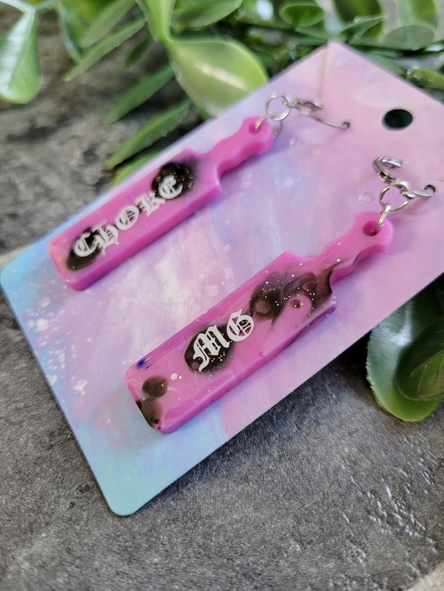 Earrings | Pink and Black Glitter Swirl Paddle Earings with the words Choke Me | Stainless Steel Leverback Hoops