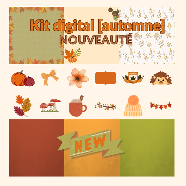 Kit Digital Automne – 12 papiers + 30 embellissements (Nouveauté)