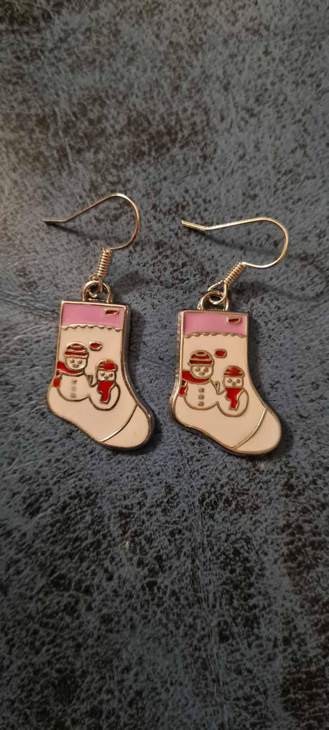 New Silver Enamel White Pink Christmas Stocking Earrings Hooks
