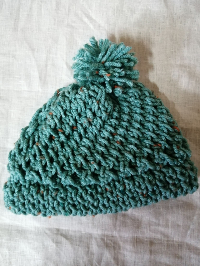 Bonnet en laine épaisse bleu vert avec pompon - Adulte - Fait main