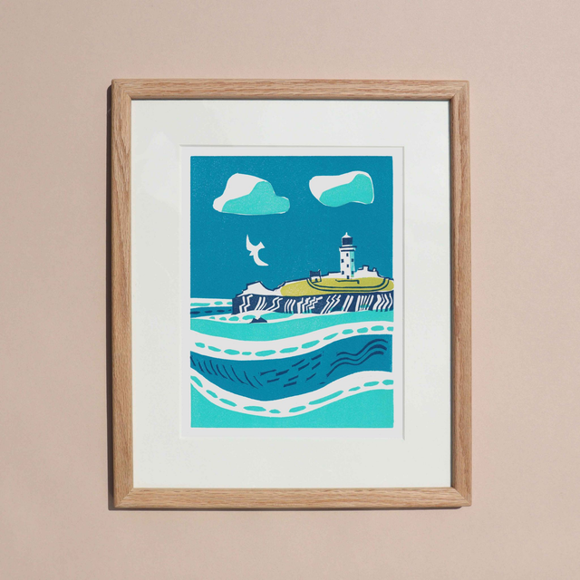 Godrevy Lighthouse Linocut Print - framed