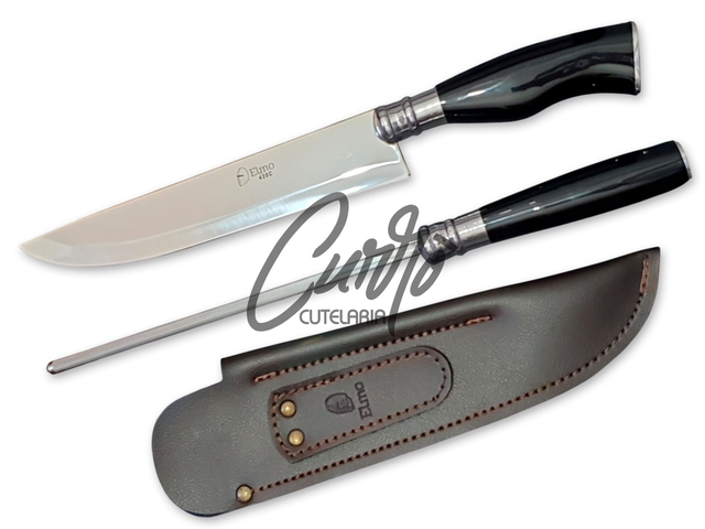 Conjunto Churrasco Faca Chaira Elmo Cabo Resina Tipo Chifre 9"