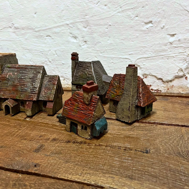 Early Handcrafted Wooden Village – Naively Scratch-Made With Original Painted Finish