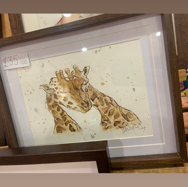 Original ‘Giraffes’ A5 painting in dark wood frame 