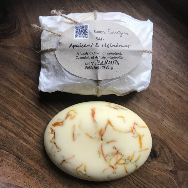 SAVON SURGRAS APAISANT &amp; REGENERANT-Huile d&#039;Olive BIO-Calendula &amp;Achillée millefeuille