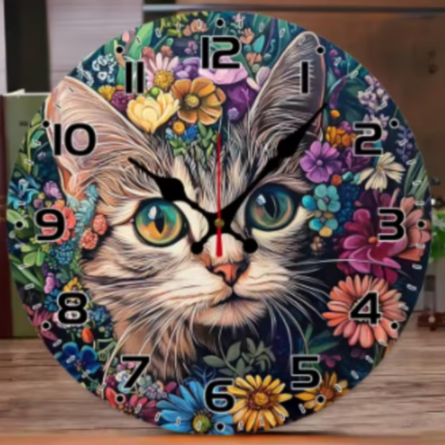 Ronde wandklok van hout Kat met bloemen (25cm)