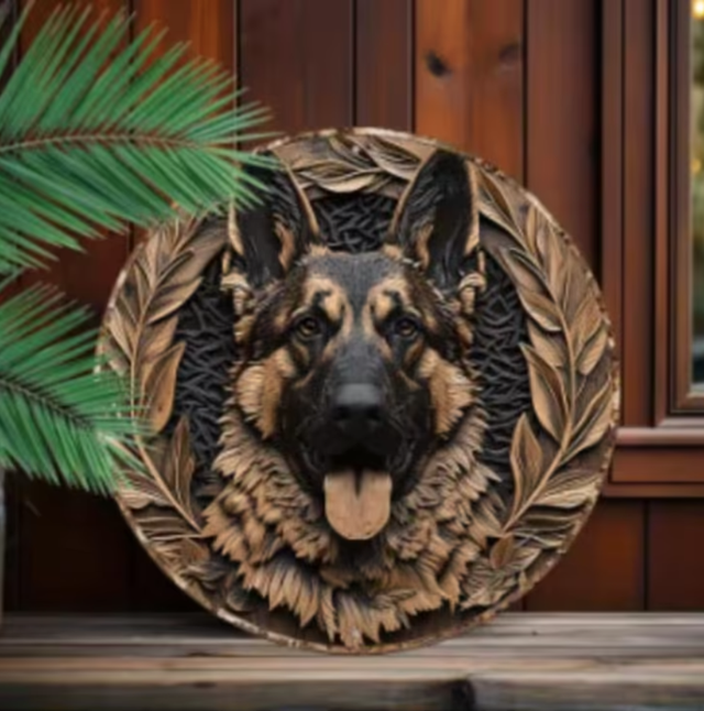 Vintage rond metalen bord Duitse Herder gezicht (20cm)