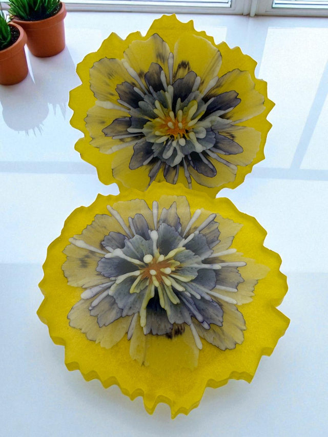 Yellow Geode Resin Coasters – Set of 2 with Blue 3D Bloom