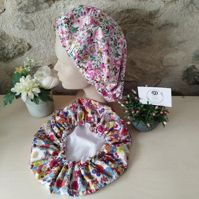 Bonnet de soins capillaires et douche réversible - tissu au choix 