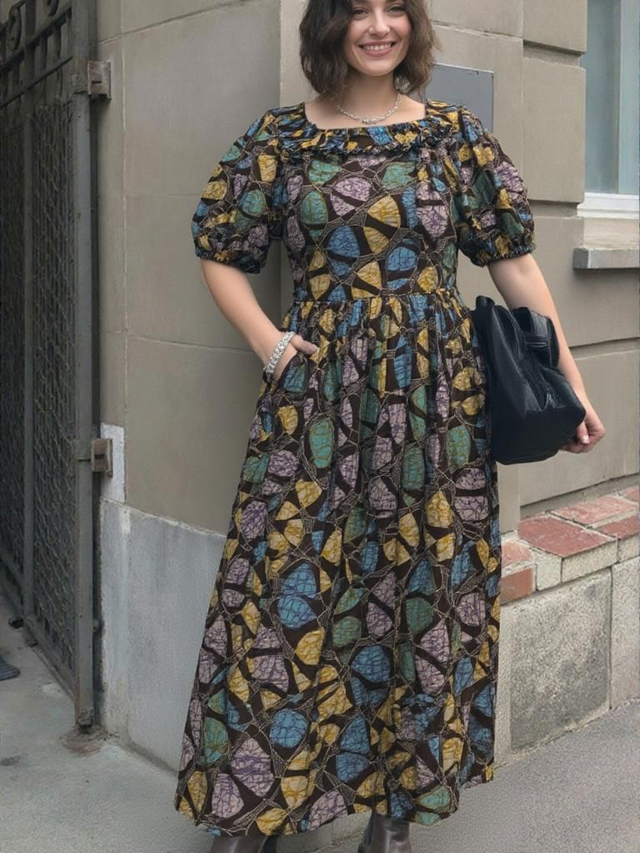 Robe "Horizon" en Véritable Wax – Coupe Volantée &amp; Manches Ballons.  L/XL (Taille Unique ajustable)