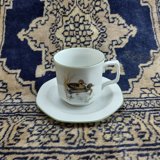 Seltmann Weiden | Kop (diameter 7 | hoogte 7 ) en 8-kantige Schotel (diameter 13 | hoogte 2 cm) 'Weidevogels' wit groen | Vintage