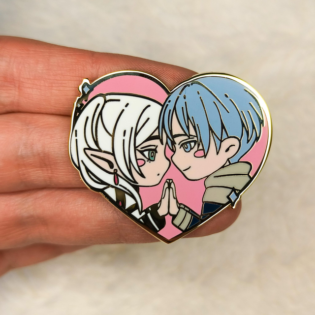 Anime Hard Enamel Pin – FrierenxHimmel Inspired Couple Pin | Gold Plated, Heart-Shaped | Frieren: Beyond Journey's End FANART