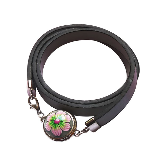 Bracelet homme femme simili cuir gris fleur rose