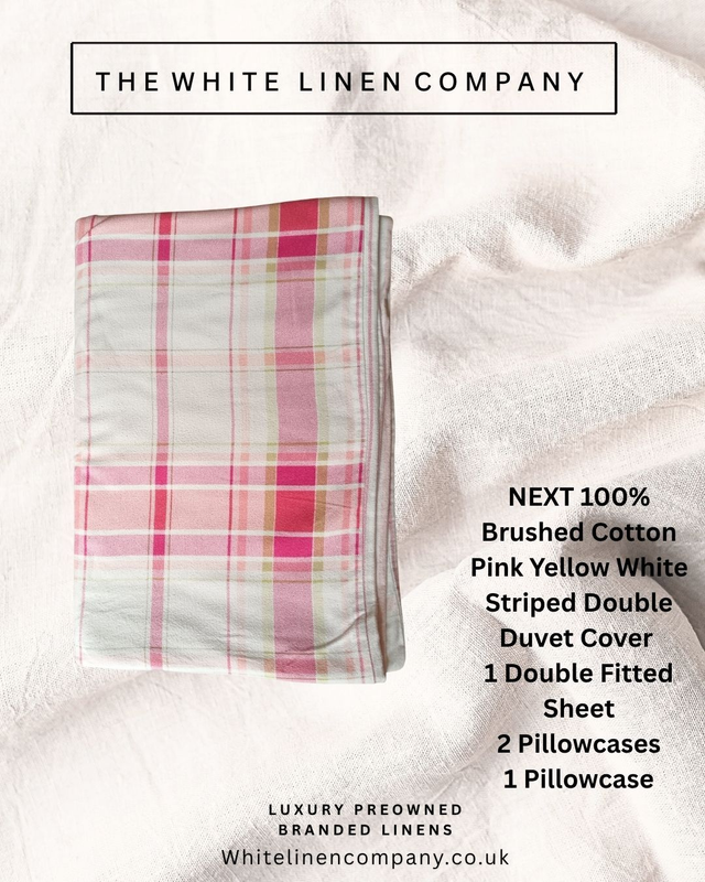 NEXT 100% Brushed Cotton Double Duvet Cover Pink Yellow Stripe Fitted Sheet 3PC