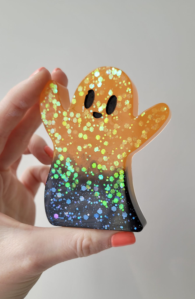 Ghost Ornament - Blaze - Orange &amp; Black Glitter 