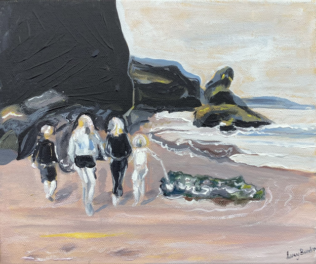 LB32 Cousins on Cilborth Beach by Lucy Burden, 25 x 20cm Acrylic on canvas