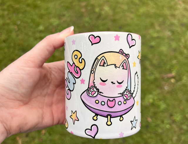 Cute pastel space cat mug (pink handle/inner)