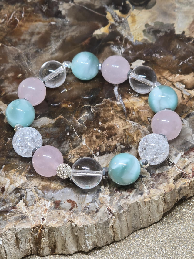 Bracelet Garniérite, Quartz rose, Cristal de roche XL en 1,2 cm 