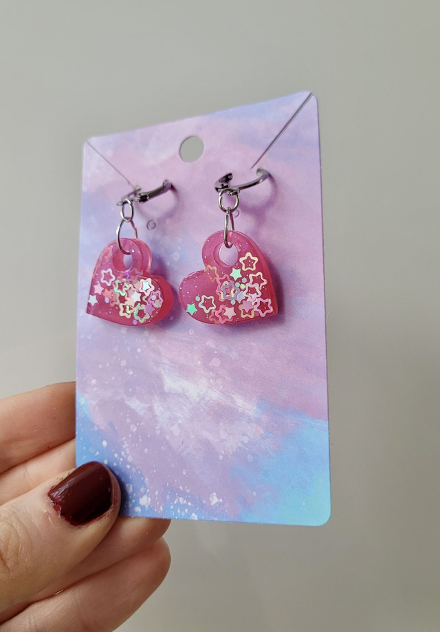 Earrings | Pink Star Glitter Hearts | Stainless Steel Lever back Hoops