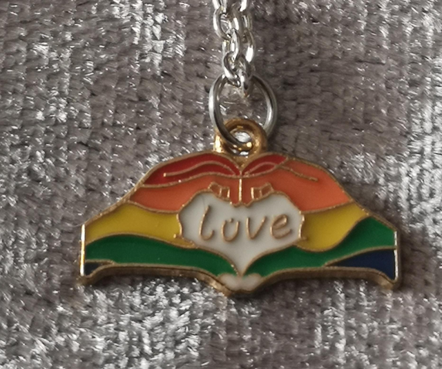 Enamel Rainbow Love Heart Hands Pendant Necklace. 
