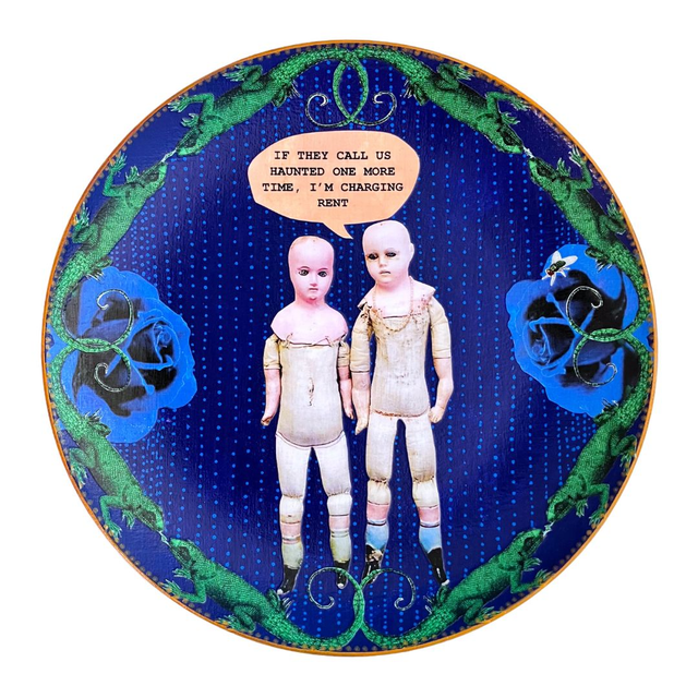 "If They Call Us Haunted One More Time, I'm Charging Rent" Blue Upcycled Wall Plate - House of Frisson