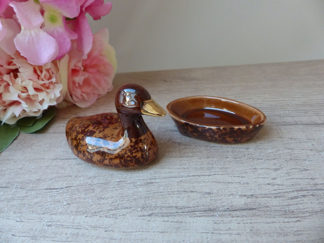 Petite Boite en Forme de Canard Marron et Doré Céramique Michel Caugant, Boite à Bijoux Canard, Vide Poche Canard, Décoration Canard Vintage