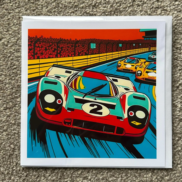 Porsche 917 Pop Art Greeting Card - Retro Race Car Lover's Gift, Vibrant Art Print, Unique Stationery for Auto Fans & Collectors