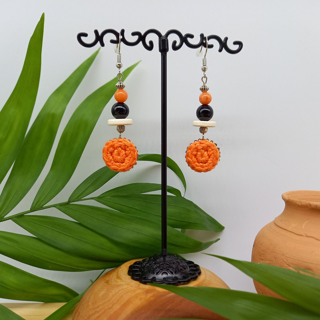 Parure orange et argentée - Boucles d'oreille orange et argenté pendantes