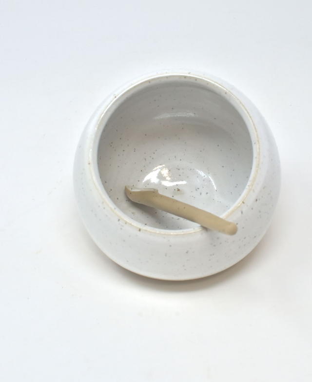 Salt Pig and Spoon Speckled White