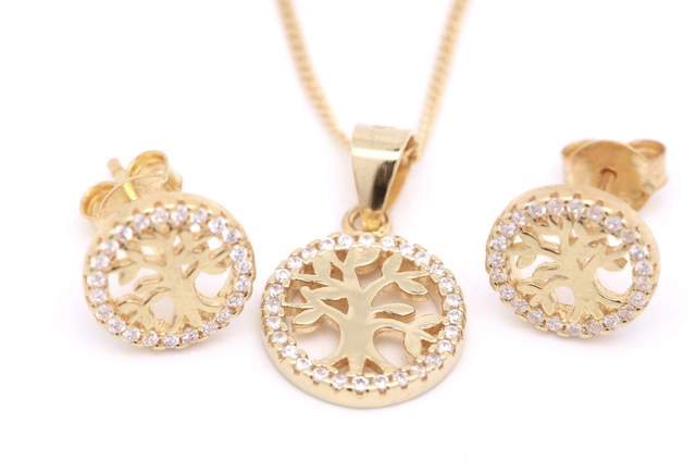 Goldene Eleganz: Lebensbaum-Schmuckset aus vergoldetem 925er Silber mit Zirkonia