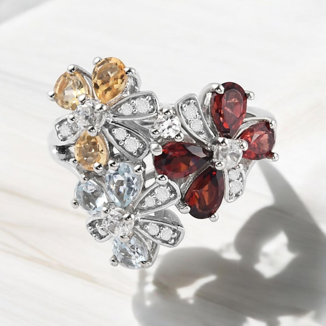 Mozambique Garnets & Multicoloured Gemstones Platinum Filled Ring.