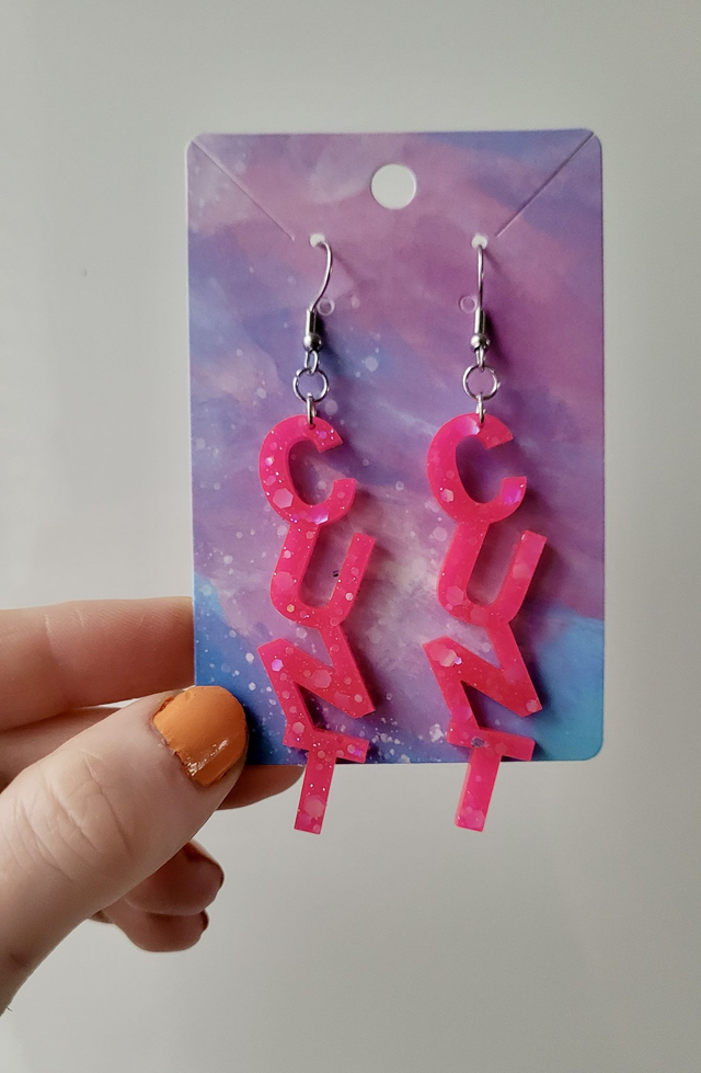Earrings- Hot Pink Glitter CUNT Swear Earrings | Stainless Steel Shepherd Hooks