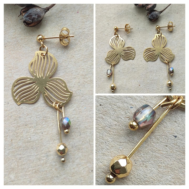 Boucles fleurs hématite doré et verre mordoré en acier inoxydable doré -sans nickel, pièce unique 