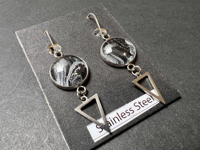 Black & Silver Triangle Drop Earrings | Stainless Steel