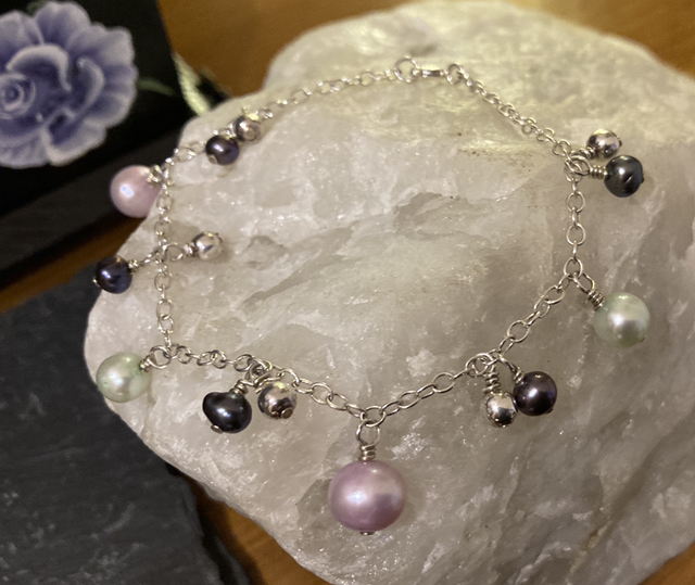 Sterling Silver Bracelet with Pink & Purple Dyed Pearls