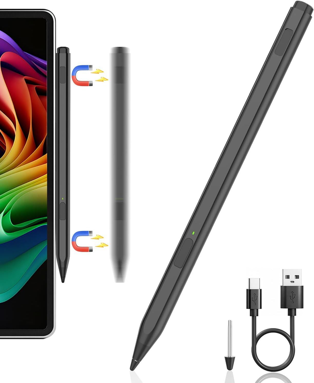 Stylet Actif Rechargeable pour Microsoft Surface – 4096 Niveaux de Pression, Rejet de Paume, Recharge USB-C, Noir
