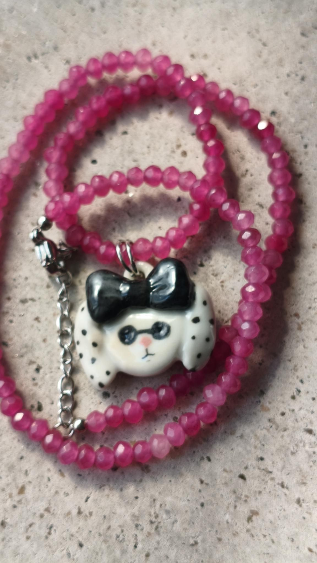 Handcrafted porcelain cool Bunny Pendant on Magenta Beaded Necklace 