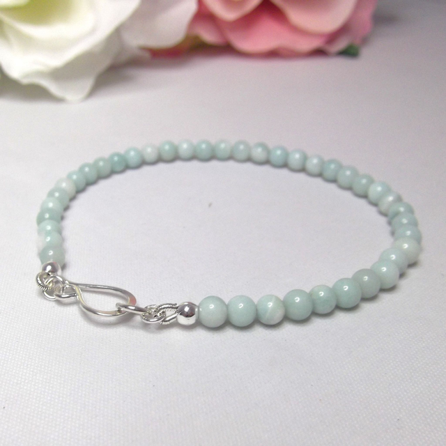 Amazonite gemstone bracelet of small round beads with recycled sterling silver clasp