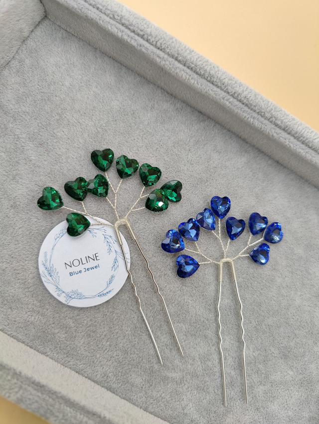 Pic à cheveux bleu ou vert, épingles à cheveux strass cœur bleu ou vert, accessoires de cheveux bleu ou vert