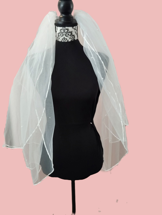 Voile de mariée tulle souple perlé court triple pans