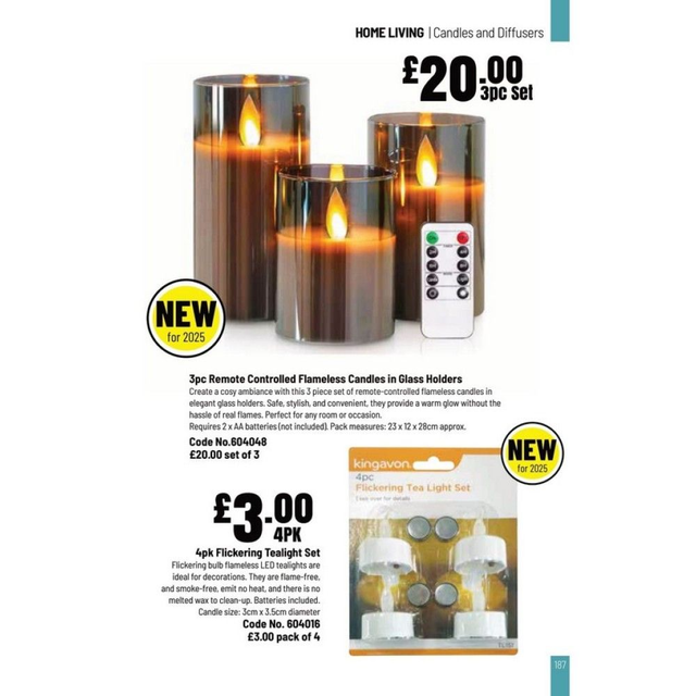3pc Remote Controlled Flameless Candles in Glass Holders
