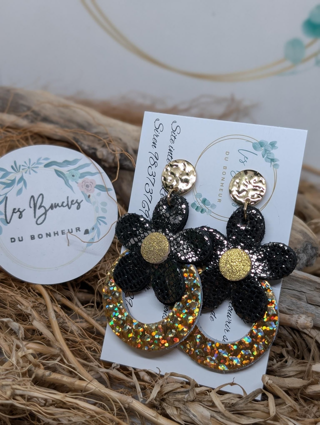 Boucles d&#039;oreilles baby Marguerite doré noir bm1150