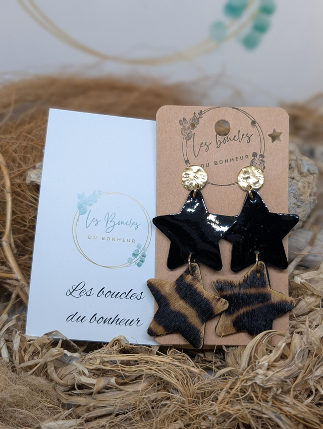Boucles d&#039;oreilles Double star noir léopard ds024 