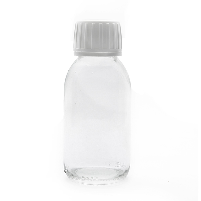 100ml kirkas lasipullo, valkoinen korkki