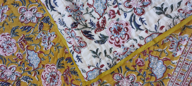 Édredon fait main en coton imprimé bloc - Plaid ou couvre-lit florale réversible pour lit simple - Jaune, rose, rouge, vert, blanc