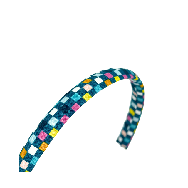 Narrow Alice Band - Blue Check - Japanese Cotton